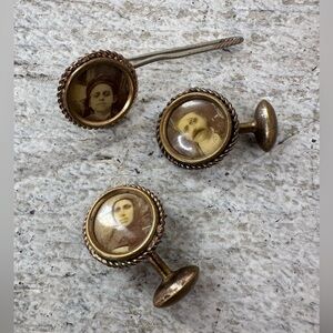 Antique Edwardian Mourning Era Cuff Links And Stick Pin Set Creepy Photos